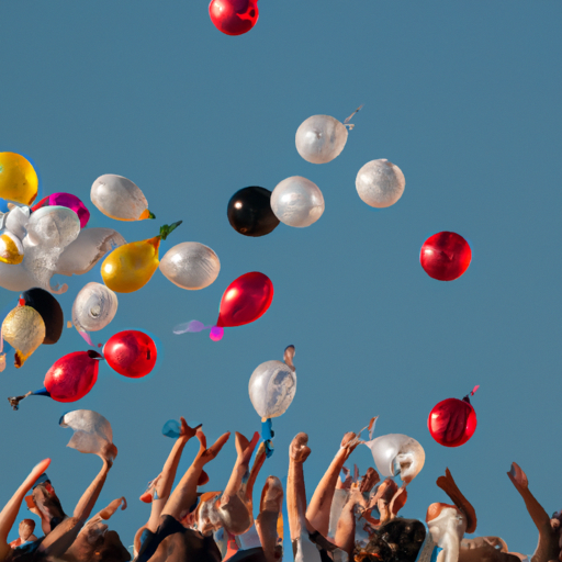 קבוצת אנשים משחררת בלונים צבעוניים לשמיים, חוגגת אירוע מיוחד