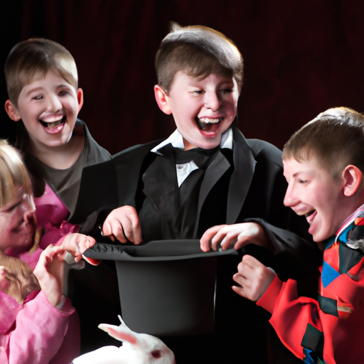 קבוצת ילדים צוחקת מתבוננת בקוסם שולף ארנב מתוך כובע