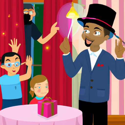 קוסם מבצע טריק קסום במסיבת יום הולדת של ילד
