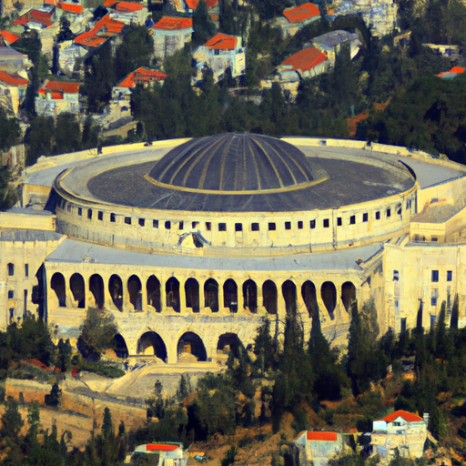 1. נוף פנורמי של אולם אירועים מפואר בירושלים, המציג את יופיו האדריכלי והקסם ההיסטורי.
