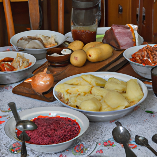 תמונה כפרית המציגה ארוחה משפחתית אוקראינית מסורתית, הכוללת בורשט, ורניקי וסאלו.