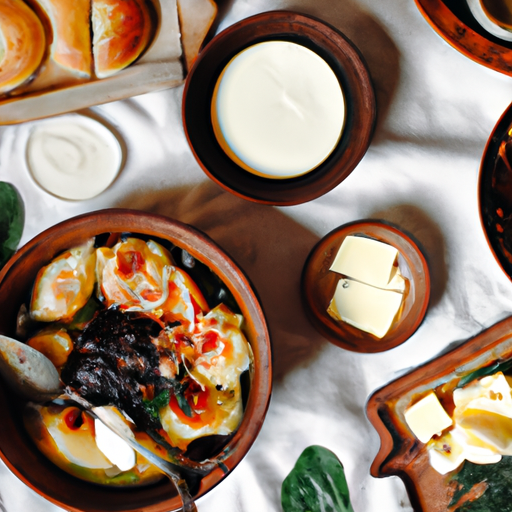 תמונה מפתה של שולחן פרוס עם מאכלים אוקראינים מסורתיים, כמו בורשט, ורניקי ופמפושקי.