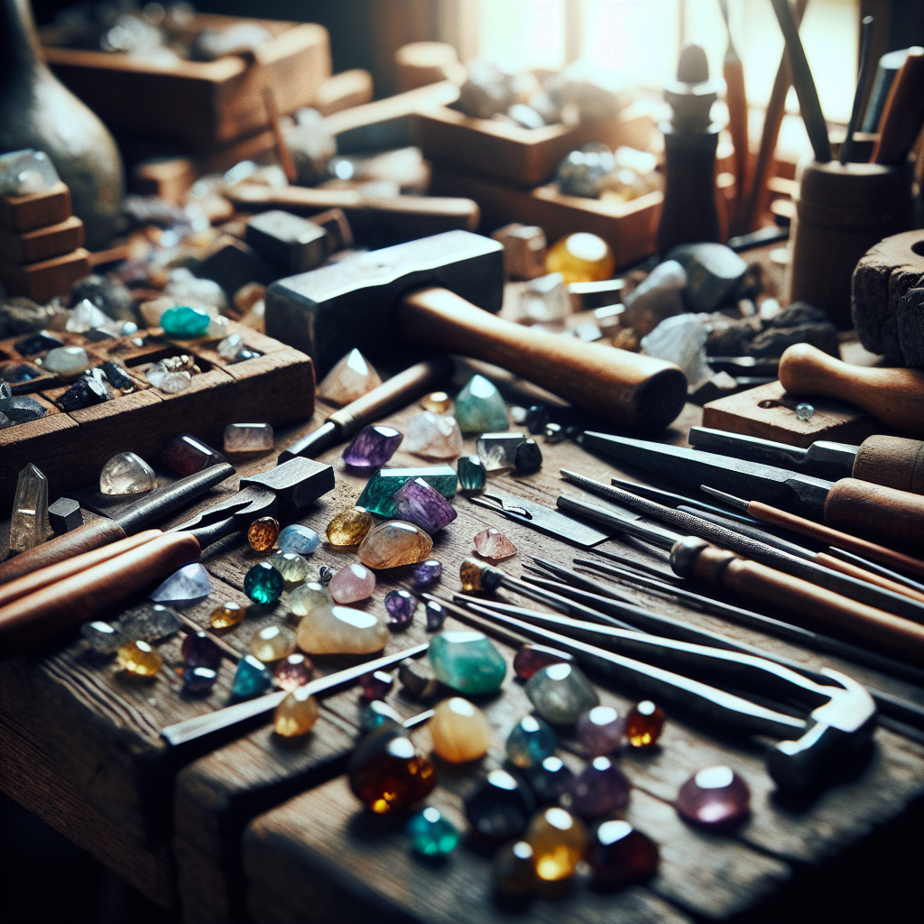 צילום תקריב של שולחן מלא בחומרי גלם כמו אבנים חצי יקרות וכלי עבודה.